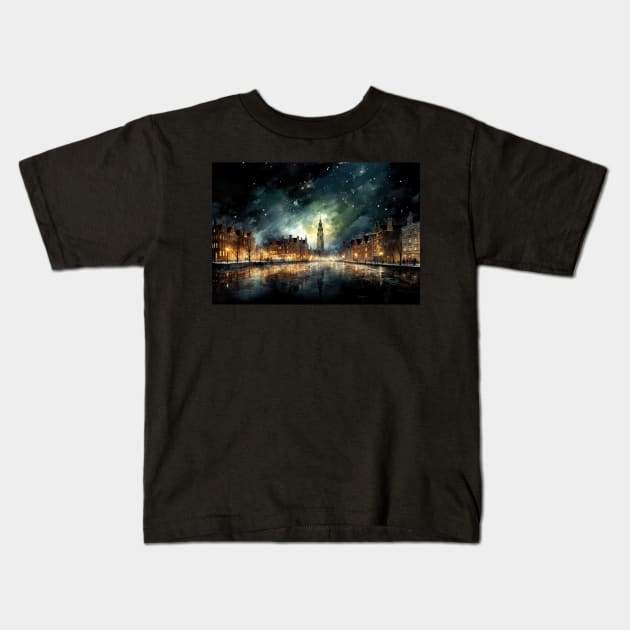 Oil Painting of a City on a Frozen River Kids T-Shirt by jecphotography